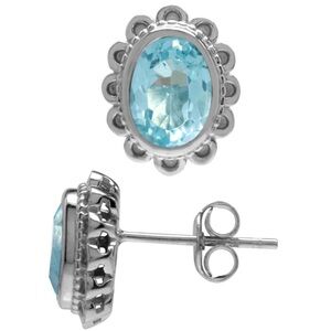 925 Sterling Silver & 14K Genuine Aquamarine Post Earrings